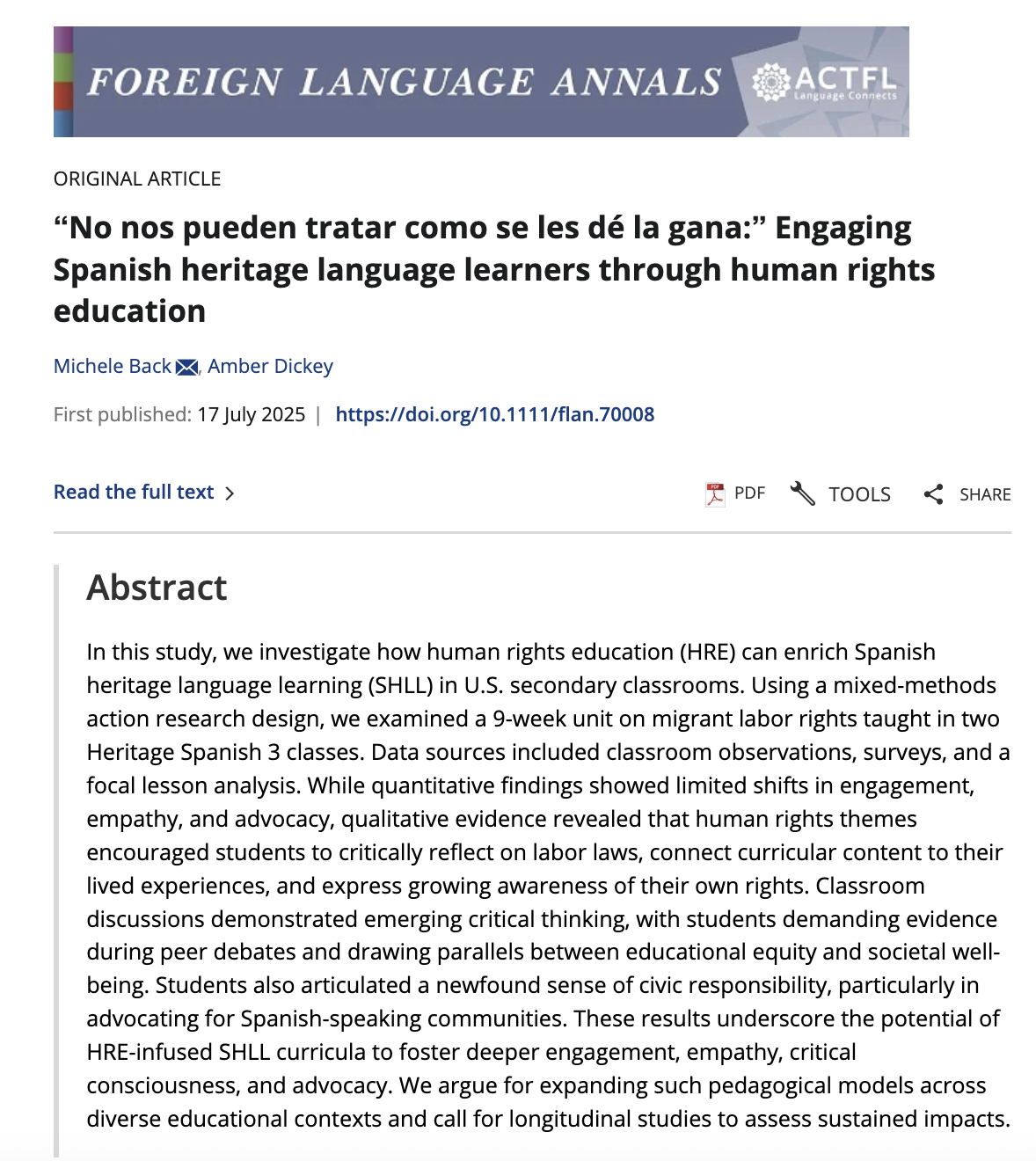 Abstract of 2025 Foreign Language Annals article by Michele Back and Amber Dickey