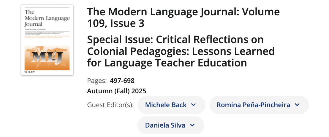 Cover image of 2025 special issue of the Modern Language Journal on Critical Reflections on Colonial Pedagogies
